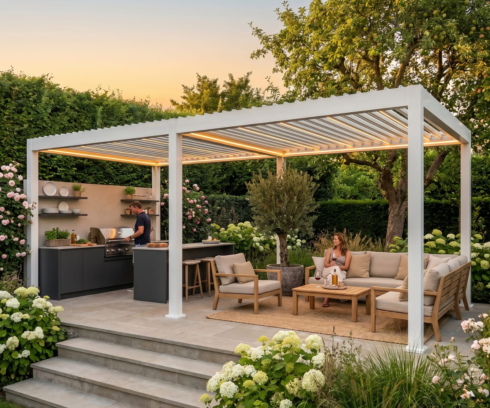 Weiße bioklimatische Pergola aus Aluminium mit drehbaren Lamellen und LED-Beleuchtung über einer Gartenterrasse